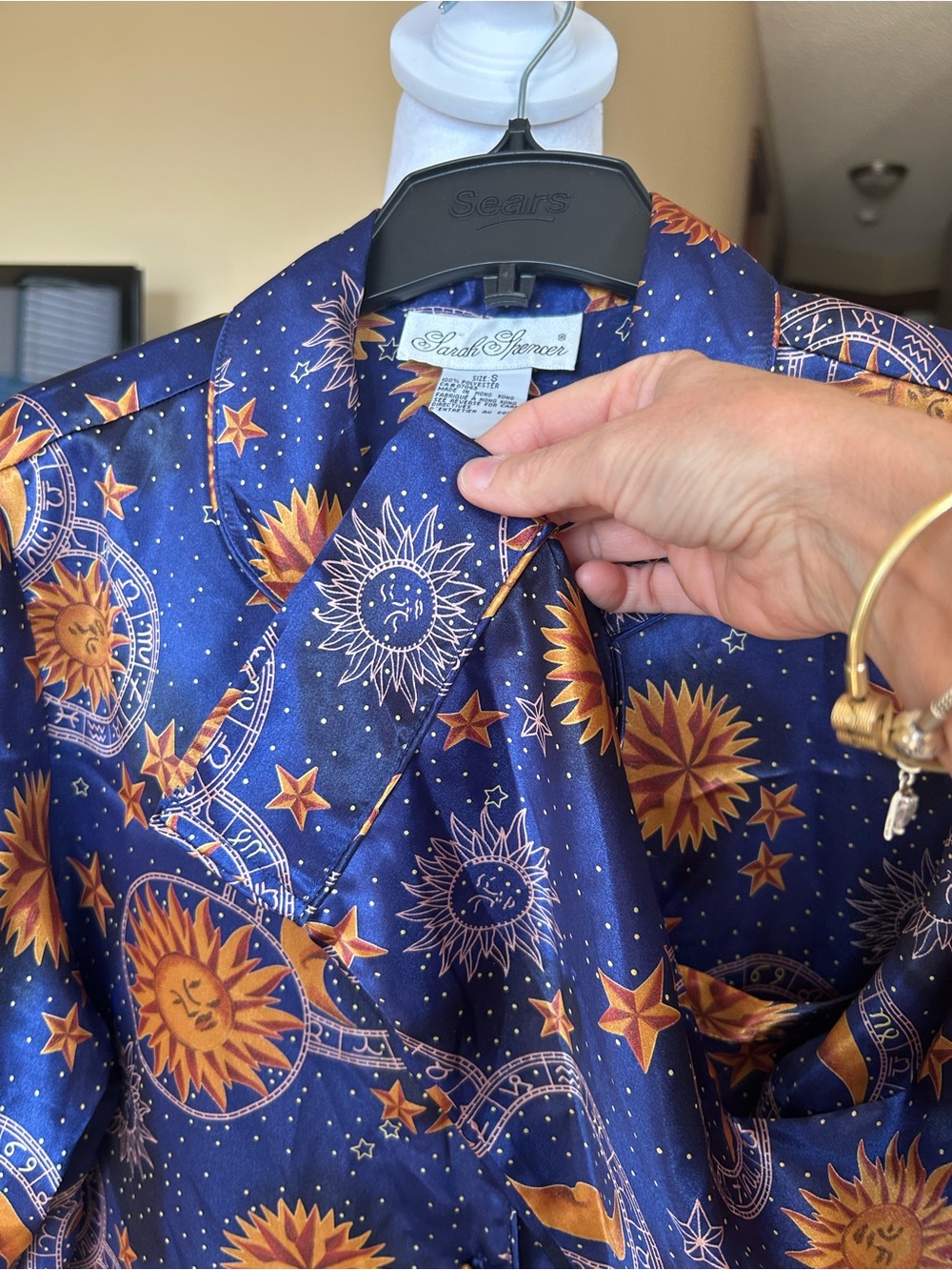 Vintage Celestial Satin Button-Up Night Gown/Shirt -Gold Sun & Moon Print - Picture 4 of 8